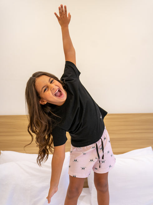 Girls summer pajama set Black t-shirt + Rose Dog shorts